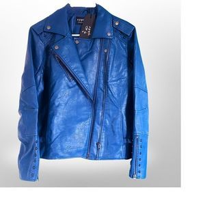 Navy blue faux leather double zip up moto jacket